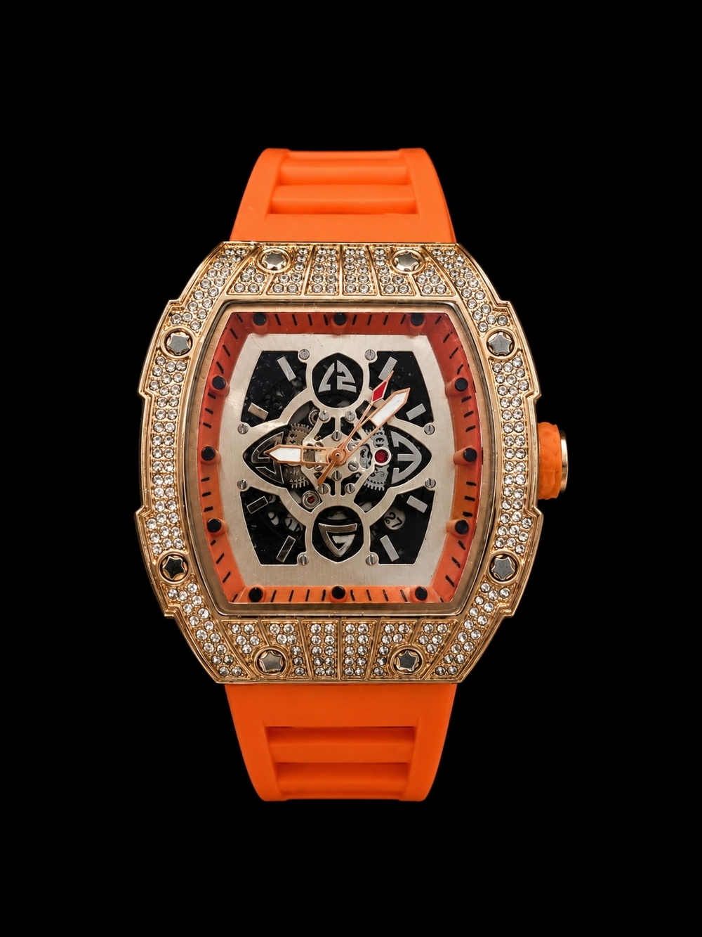 Orange Silicone Strap Skeleton Watch with Crystal Bezel